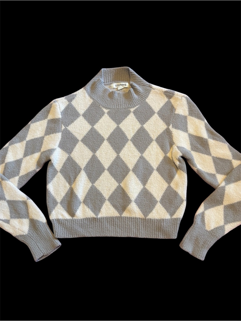 Cropped Argyle Mock Neck Sweater - Gray & Cream women's size XS L429